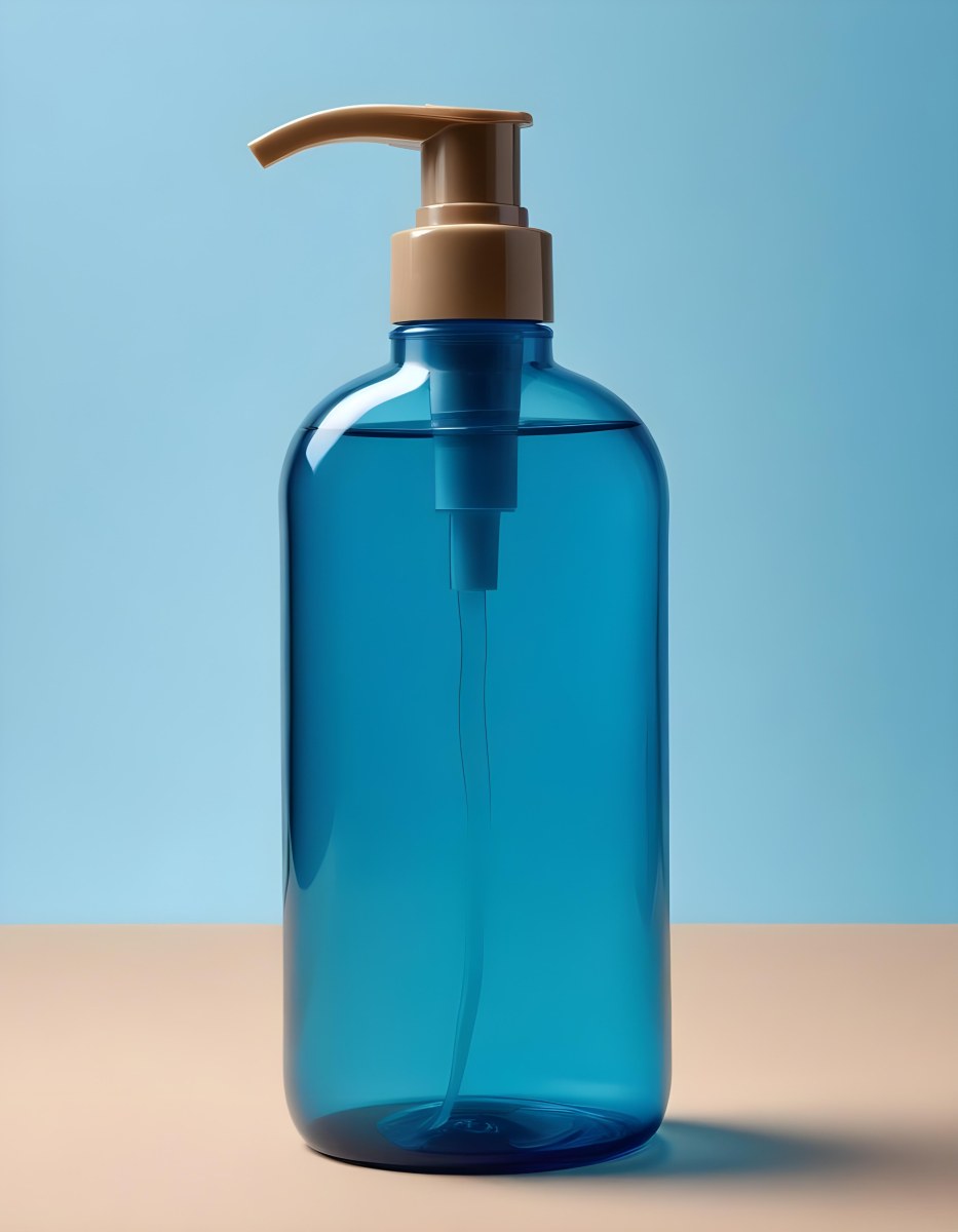 A Blue Transparent Plastic Bottle With A Transparent Dispenser Pump Containing Liquid Soap On A Beige Surface With A Light Blue Background 4 3d02