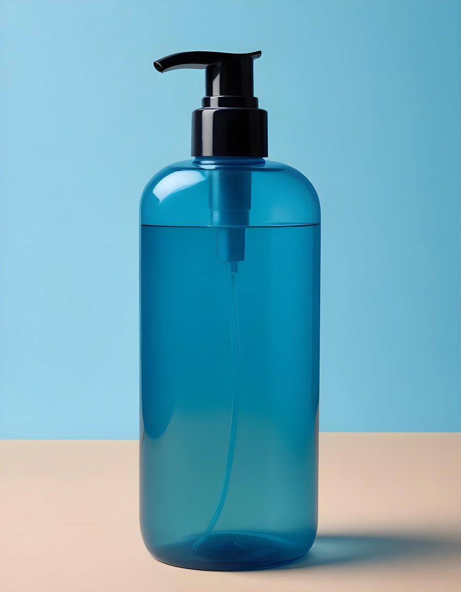 A Blue Transparent Plastic Bottle With A Transparent Dispenser Pump Containing Liquid Soap On A Beige Surface With A Light Blue Background 5 Ef42