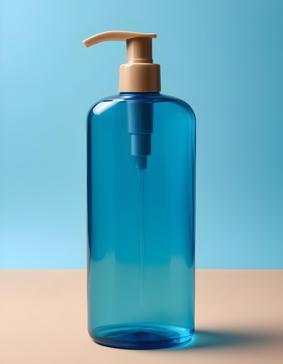 A Blue Transparent Plastic Bottle With A Transparent Dispenser Pump Containing Liquid Soap On A Beige Surface With A Light Blue Background 6 668c