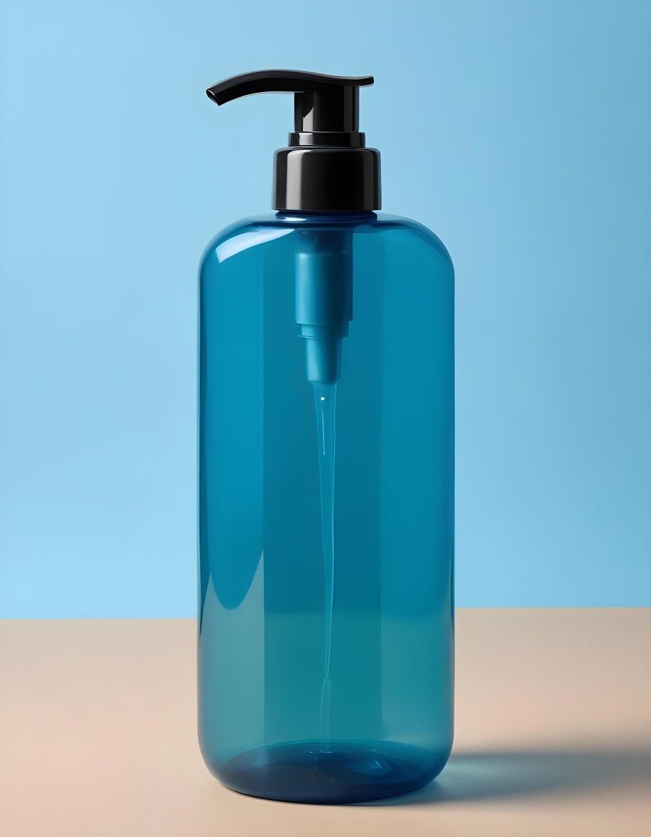 A Blue Transparent Plastic Bottle With A Transparent Dispenser Pump Containing Liquid Soap On A Beige Surface With A Light Blue Background 7 Bfb3