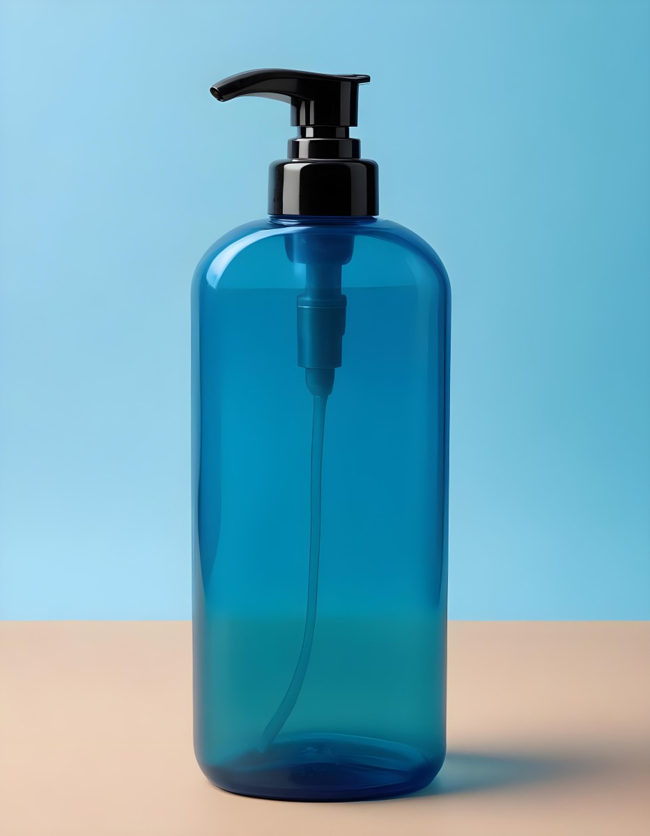 A Blue Transparent Plastic Bottle With A Transparent Dispenser Pump Containing Liquid Soap On A Beige Surface With A Light Blue Background 9 7c40