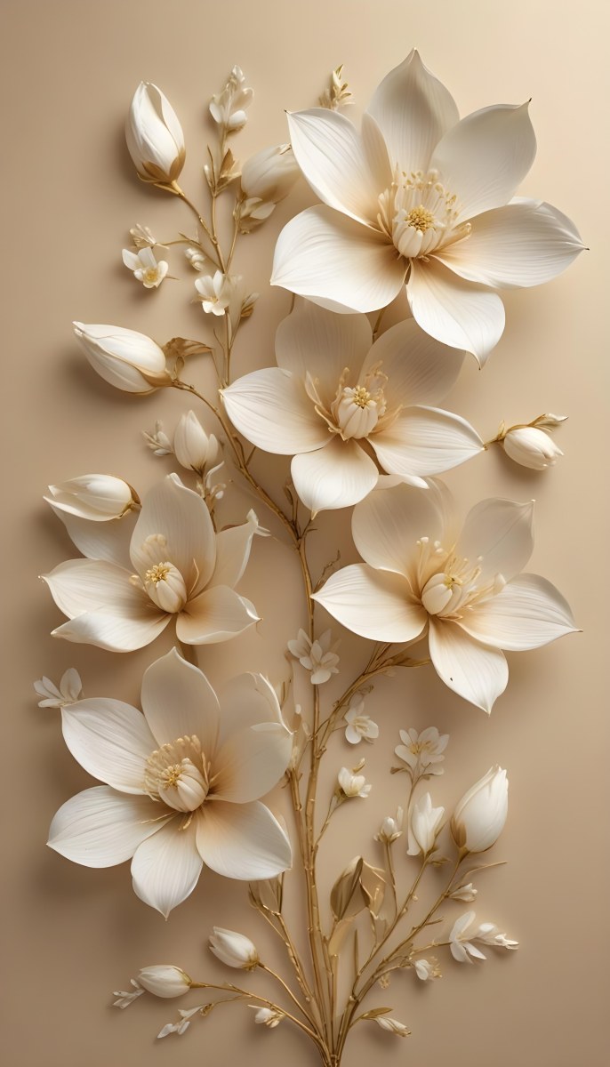 A Bouquet Of Large Delicate White Flowers With Golden Centers Against A Beige Background The Flowers Appear To Be Magnolias Or Similar Large Blossoms With Intricate Petal Structures And Curving Stems 5 1751