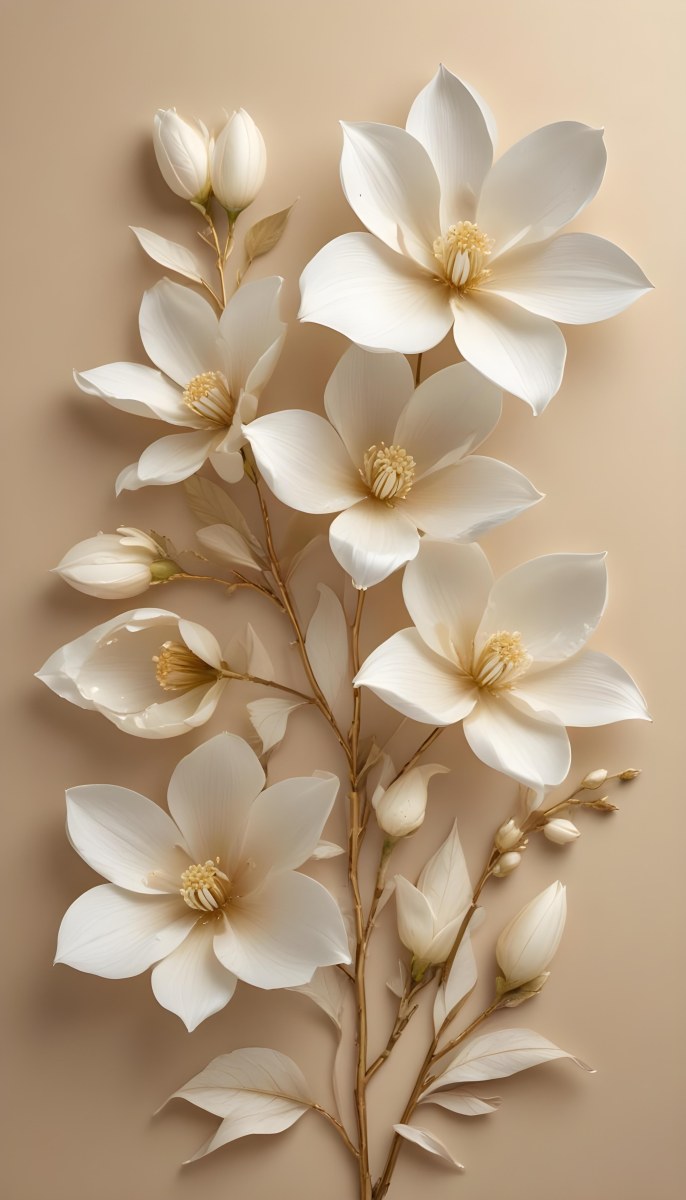 A Bouquet Of Large Delicate White Flowers With Golden Centers Against A Beige Background The Flowers Appear To Be Magnolias Or Similar Large Blossoms With Intricate Petal Structures And Curving Stems 6 458d