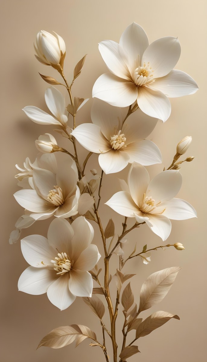 A Bouquet Of Large Delicate White Flowers With Golden Centers Against A Beige Background The Flowers Appear To Be Magnolias Or Similar Large Blossoms With Intricate Petal Structures And Curving Stems 7 3a8d
