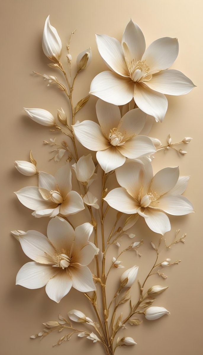A Bouquet Of Large Delicate White Flowers With Golden Centers Against A Beige Background The Flowers Appear To Be Magnolias Or Similar Large Blossoms With Intricate Petal Structures And Curving Stems 8 211d
