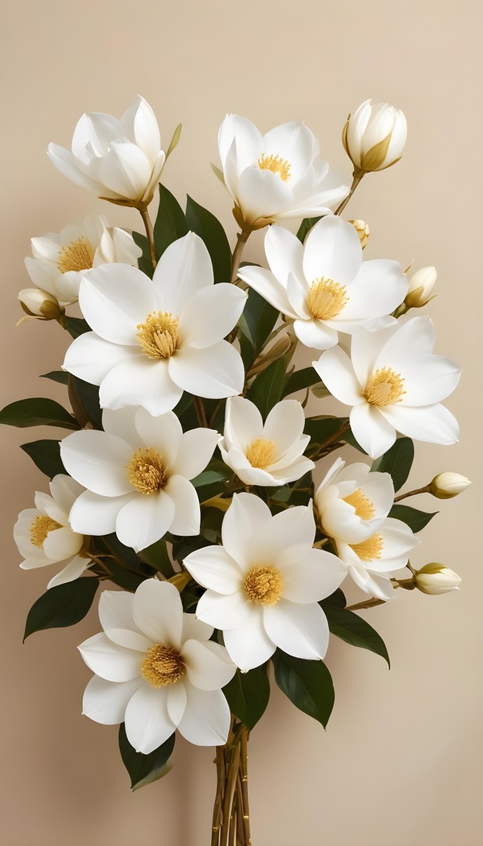 A Bouquet Of Large Delicate White Flowers With Golden Centers Against A Beige Background The Flowers Appear To Be Magnolias Or Similar Large Blossoms With Intricate Petal Structures And Curving Stems 9 5f0b
