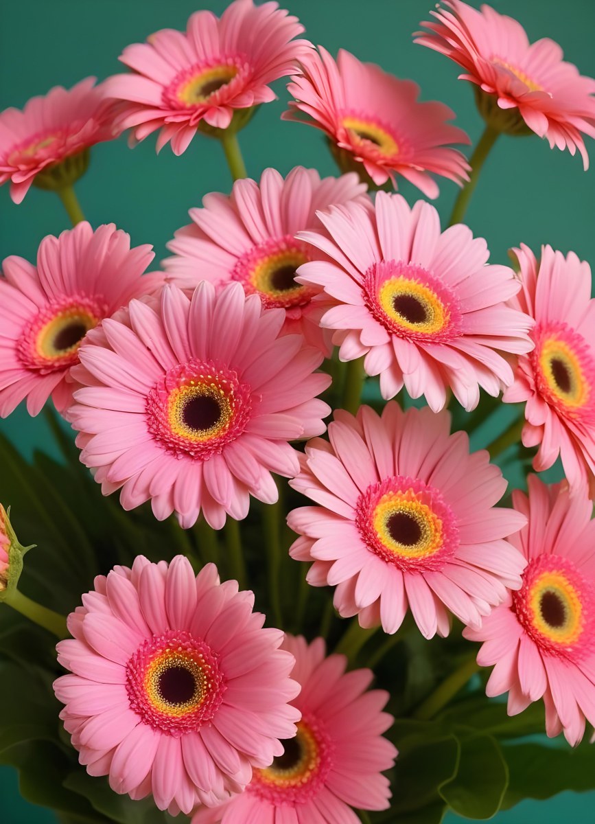 A Bouquet Of Pink Gerbera Daisies With Pink Centers And Yellow Stems Isolated On A Green Background Soft Lighting Soft Focus 15 2bf8