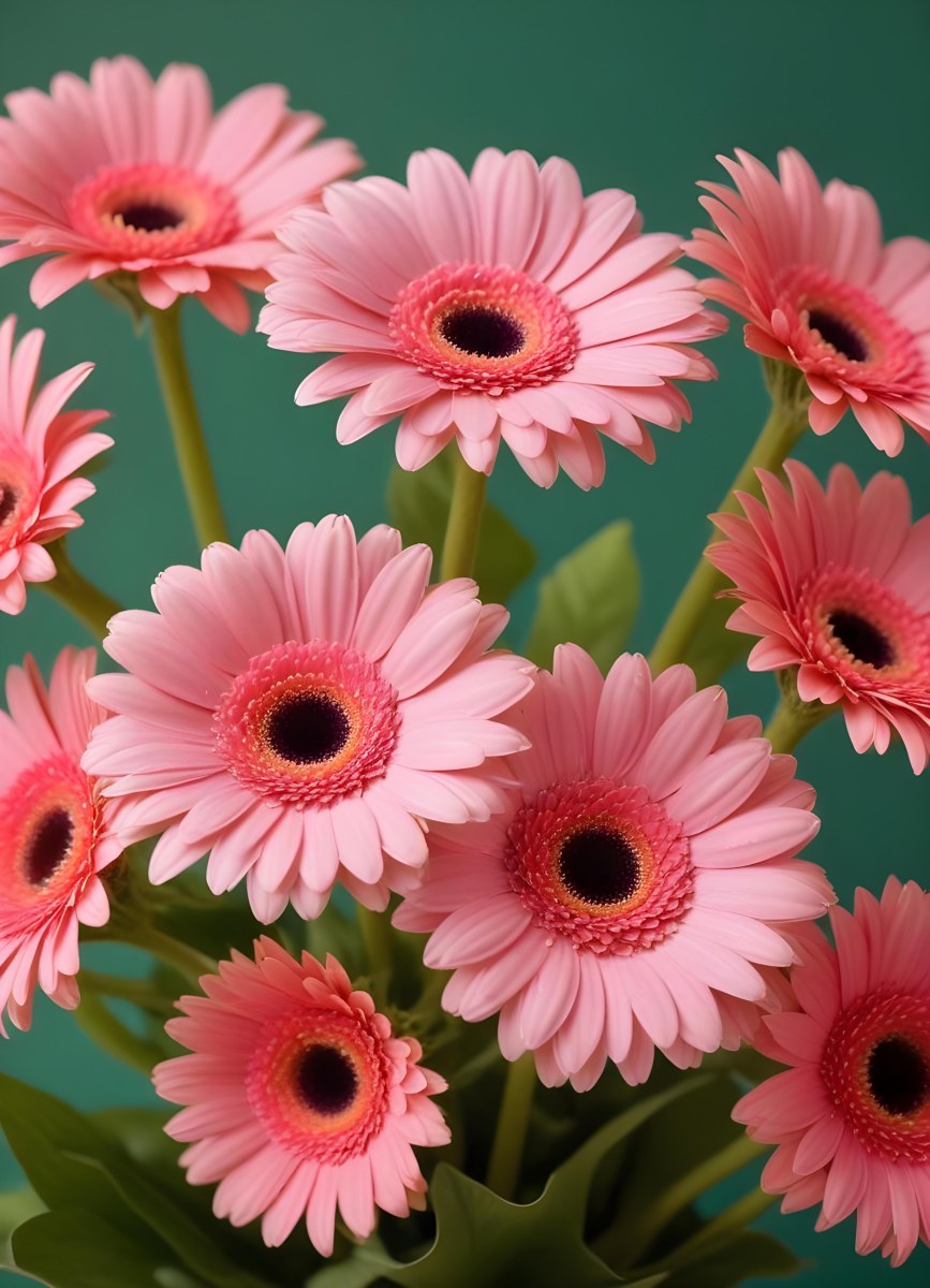 A Bouquet Of Pink Gerbera Daisies With Pink Centers And Yellow Stems Isolated On A Green Background Soft Lighting Soft Focus 19 E287
