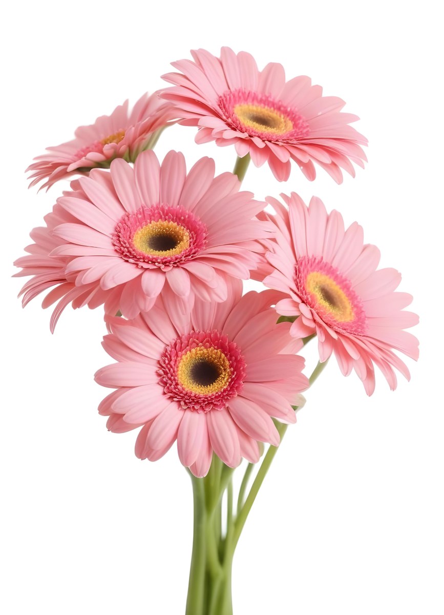 A Bouquet Of Pink Gerbera Daisies With Pink Centers And Yellow Stems Isolated On A Green Background Soft Lighting Soft Focus 2 B709