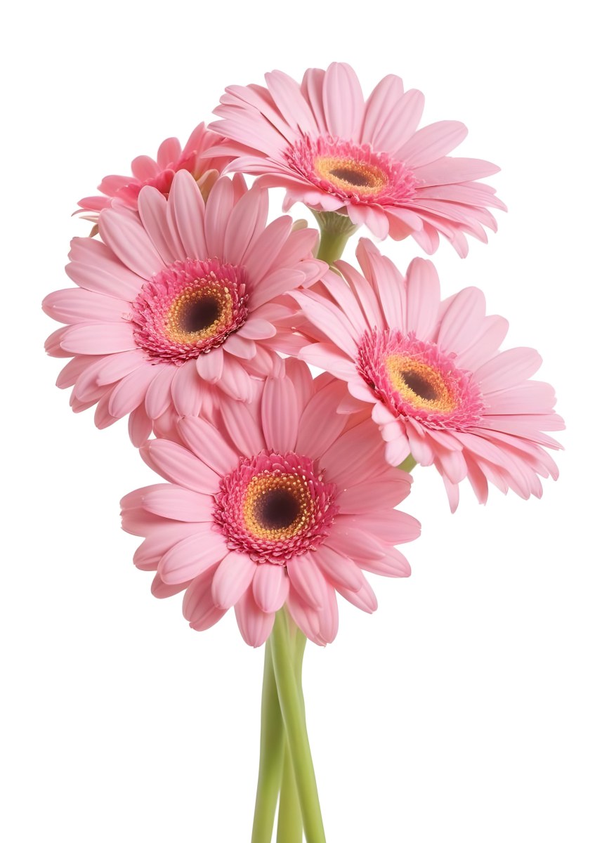 A Bouquet Of Pink Gerbera Daisies With Pink Centers And Yellow Stems Isolated On A Green Background Soft Lighting Soft Focus 33 8262