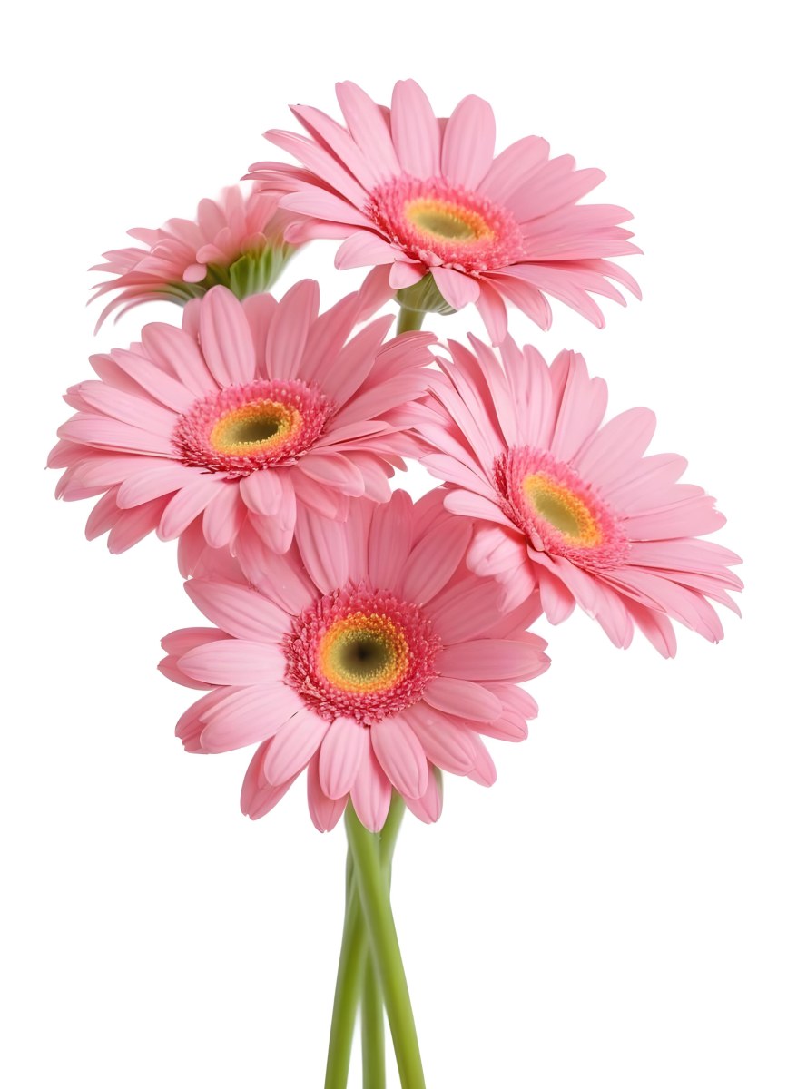 A Bouquet Of Pink Gerbera Daisies With Pink Centers And Yellow Stems Isolated On A Green Background Soft Lighting Soft Focus 37 046c
