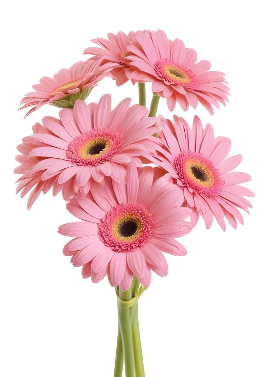 A Bouquet Of Pink Gerbera Daisies With Pink Centers And Yellow Stems Isolated On A Green Background Soft Lighting Soft Focus 39 9018