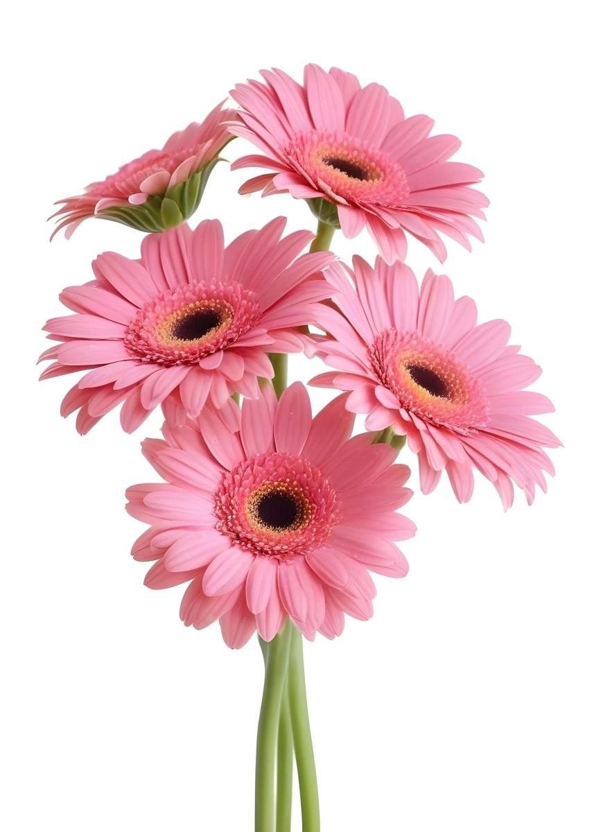A Bouquet Of Pink Gerbera Daisies With Pink Centers And Yellow Stems Isolated On A Green Background Soft Lighting Soft Focus 4 3061