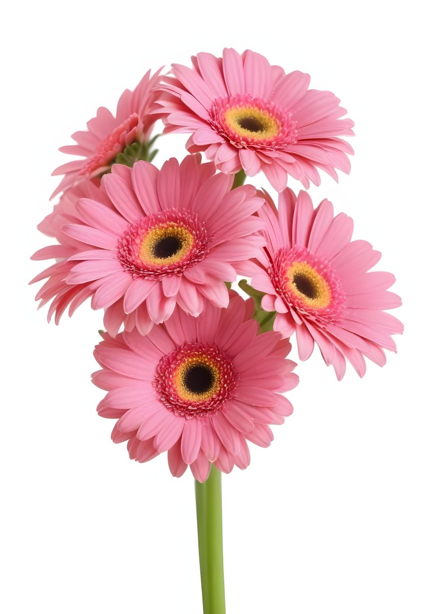 A Bouquet Of Pink Gerbera Daisies With Pink Centers And Yellow Stems Isolated On A Green Background Soft Lighting Soft Focus 40 Db19