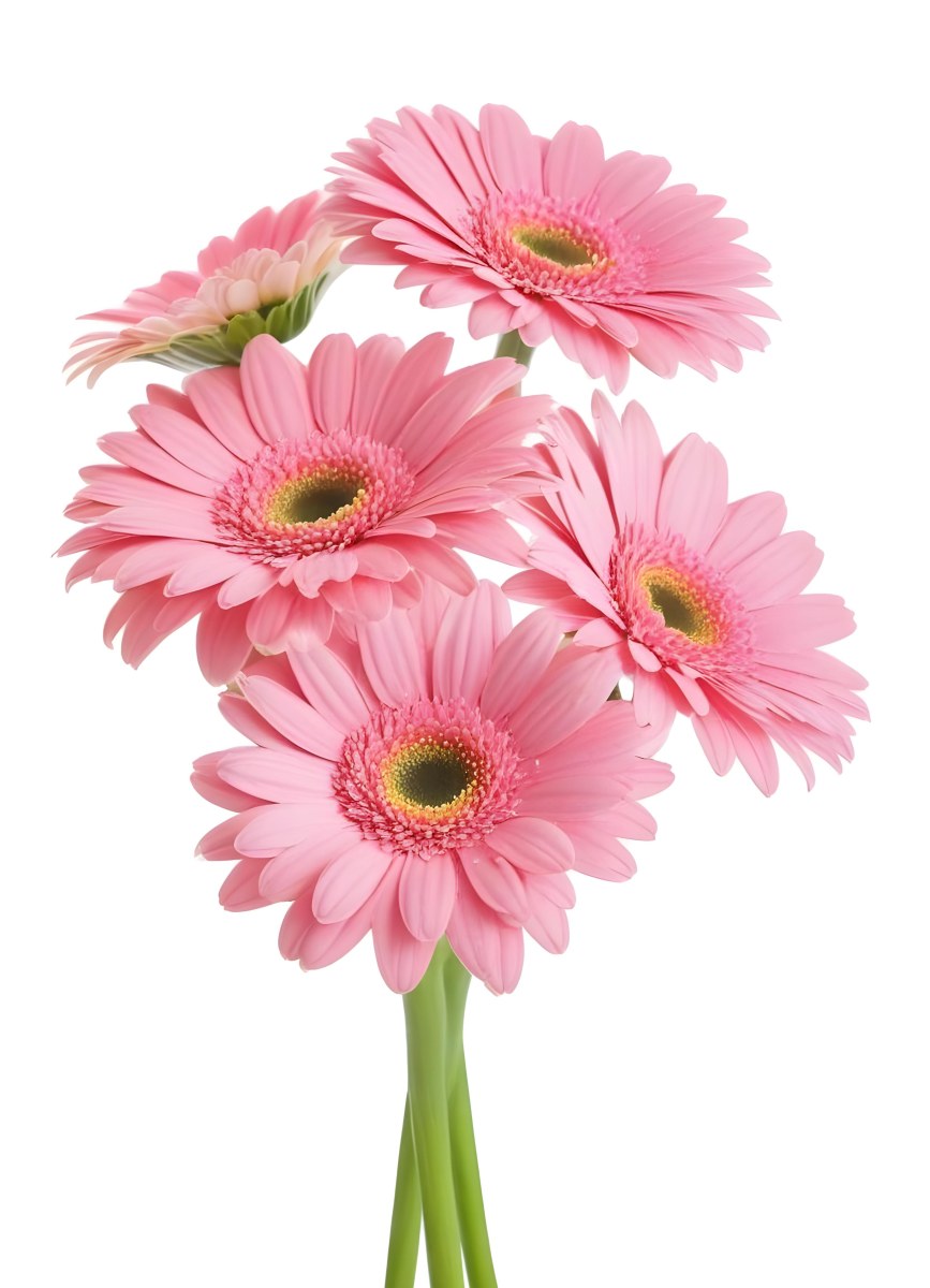 A Bouquet Of Pink Gerbera Daisies With Pink Centers And Yellow Stems Isolated On A Green Background Soft Lighting Soft Focus 41 16e4