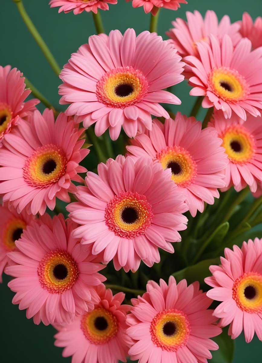 A Bouquet Of Pink Gerbera Daisies With Pink Centers And Yellow Stems Isolated On A Green Background Soft Lighting Soft Focus 7 A73e