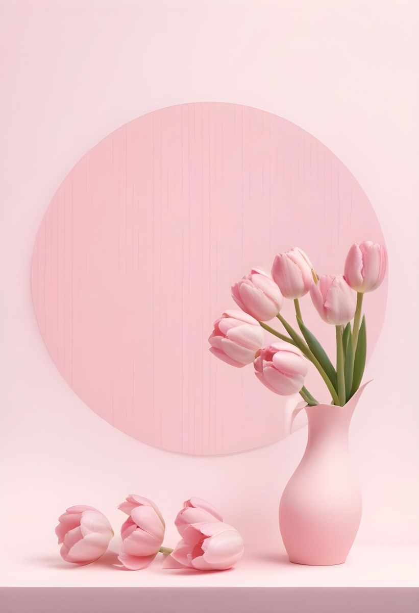 A Bouquet Of Pink Tulips In A Glass Vase Against A Pink Background 228 9ac8