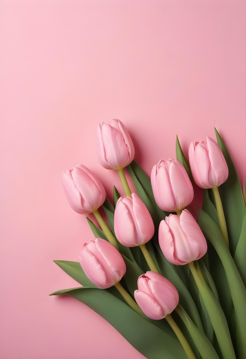 A Bouquet Of Pink Tulips In A Glass Vase Against A Pink Background 34 C143