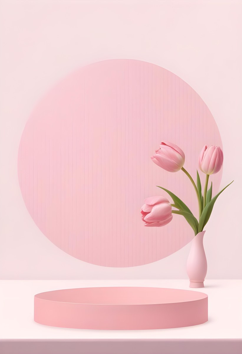 A Bouquet Of Pink Tulips In A Glass Vase Against A Pink Background 359 0136