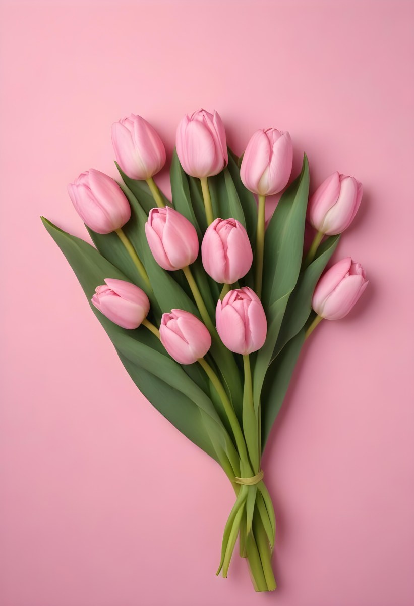 A Bouquet Of Pink Tulips In A Glass Vase Against A Pink Background 362 Ba55