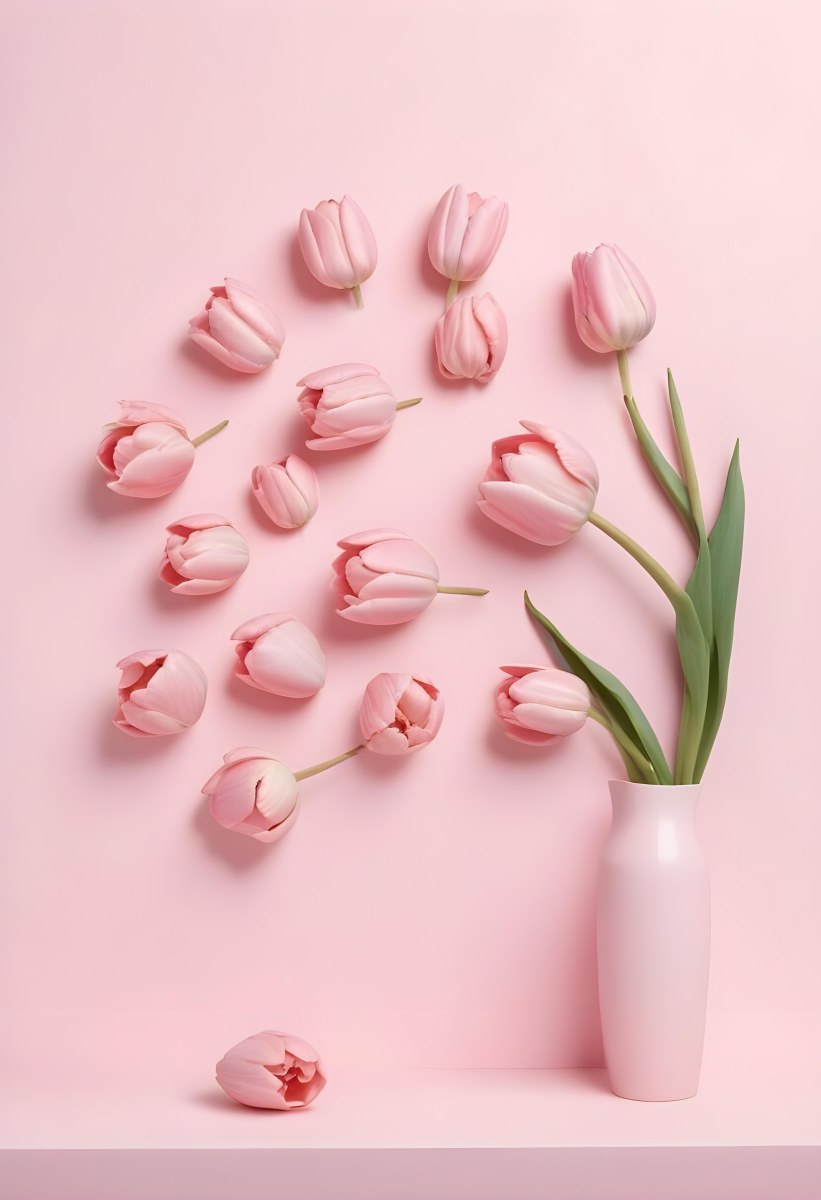 A Bouquet Of Pink Tulips In A Glass Vase Against A Pink Background 408 Efc6