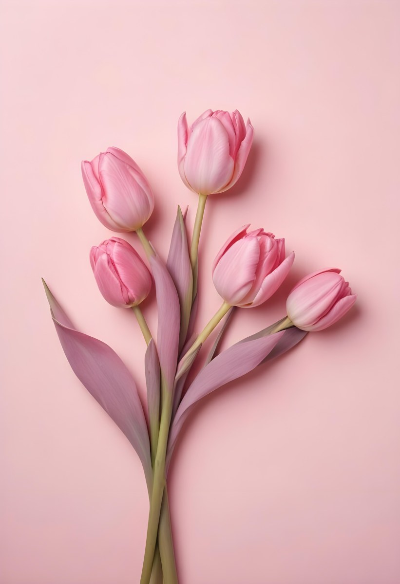 A Bouquet Of Pink Tulips In A Glass Vase Against A Pink Background 73 77ae