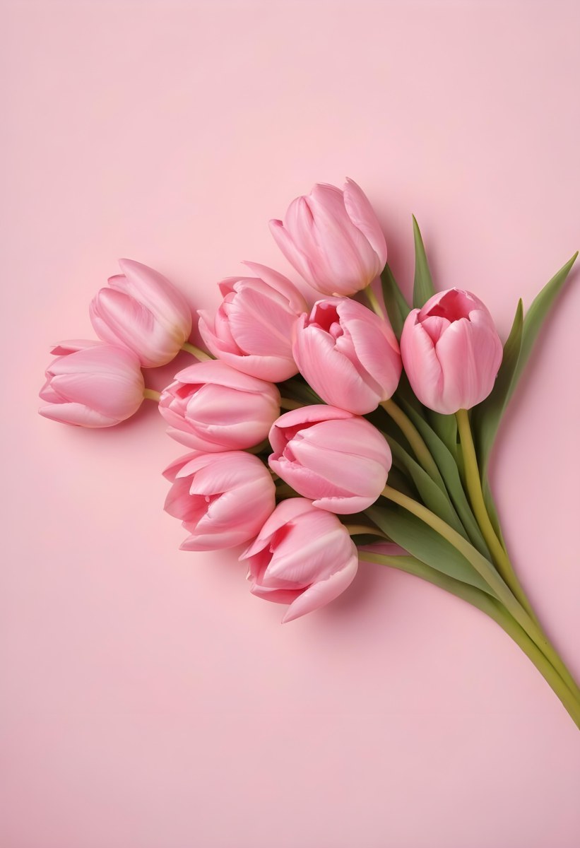 A Bouquet Of Pink Tulips In A Glass Vase Against A Pink Background 89 B069