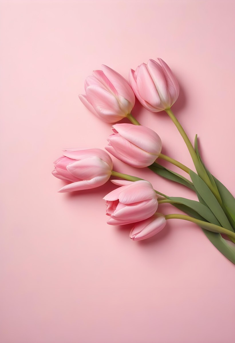A Bouquet Of Pink Tulips In A Glass Vase Against A Pink Background 9 0d56