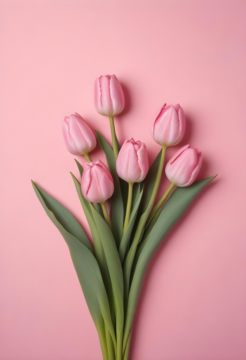 A Bouquet Of Pink Tulips In A Glass Vase Against A Pink Background 91 9814