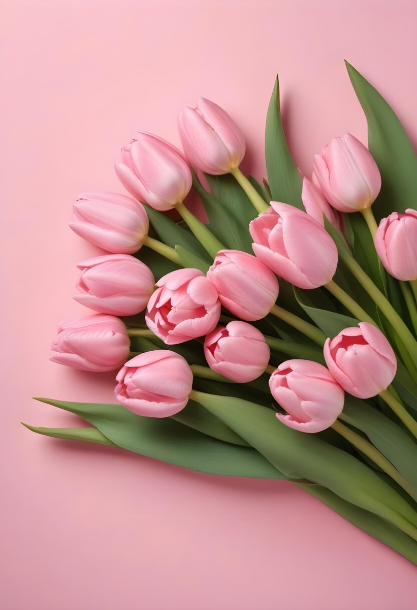 A Bouquet Of Pink Tulips In A Glass Vase Against A Pink Background 93 Cf9f