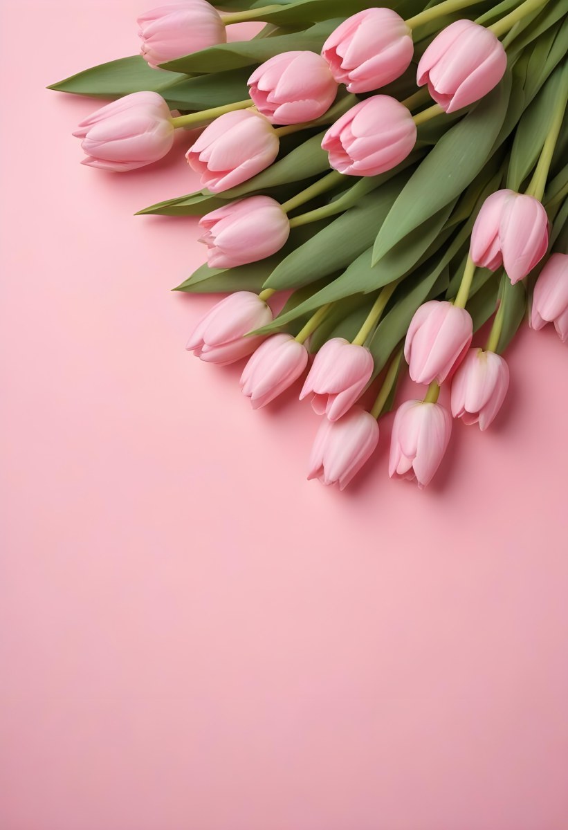 A Bouquet Of Pink Tulips In A Glass Vase Against A Pink Background 96 447c