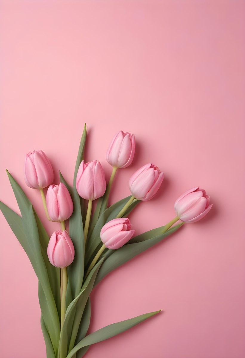 A Bouquet Of Pink Tulips In A Glass Vase Against A Pink Background 97 7ab7