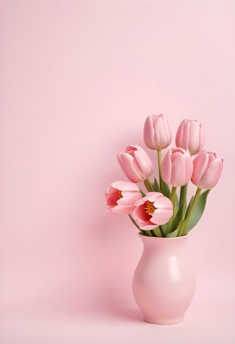 A Bouquet Of Pink Tulips In A Glass Vase Against A Pink Background 98 566b