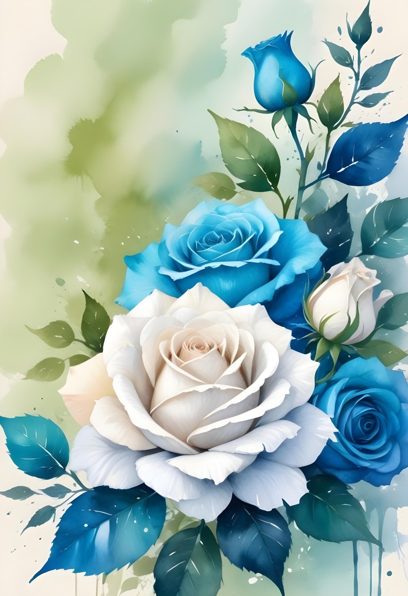 A Bouquet Of White And Blue Roses With Green Leaves Against A Soft Blurred Background 35 6015