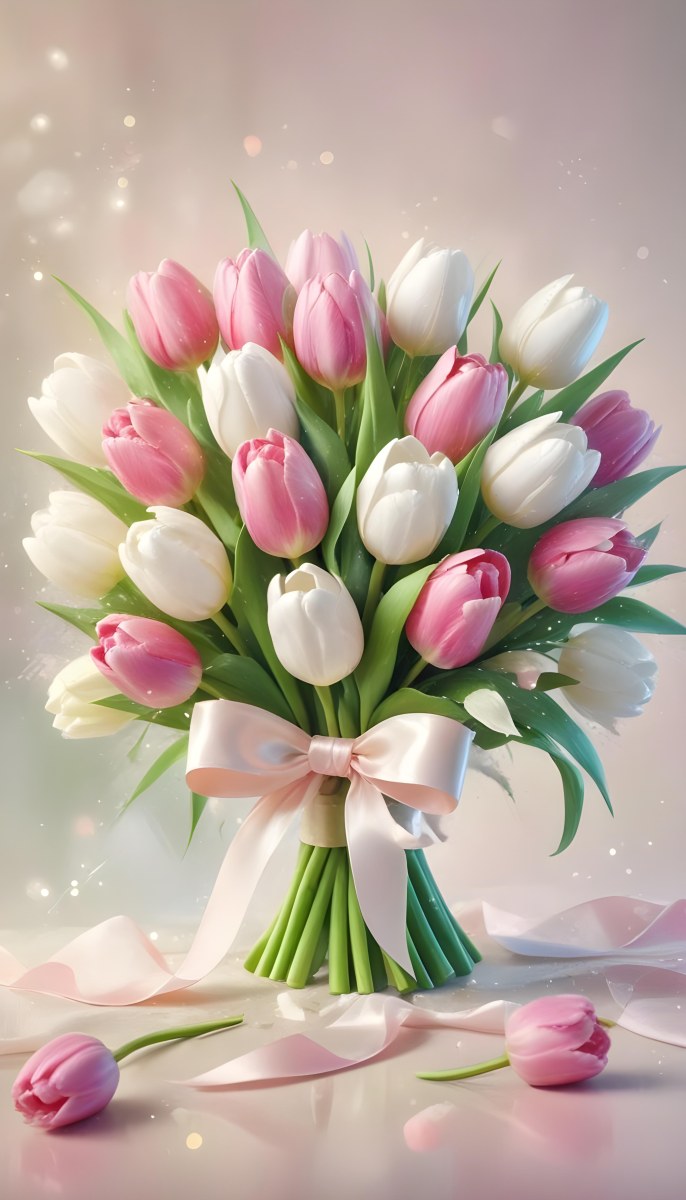 A Bouquet Of White And Pink Tulips Tied With A Pink Ribbon Green Stems Soft Lighting Bokeh Effect Bright And Cheerful Spring Colors Against A Light Background 21 0e62