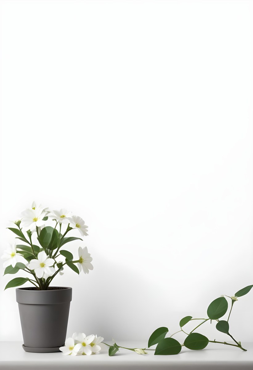 A Bouquet Of White Daisy Like Flowers With Green Leaves In A White Vase On A Plain Background 7 74dd