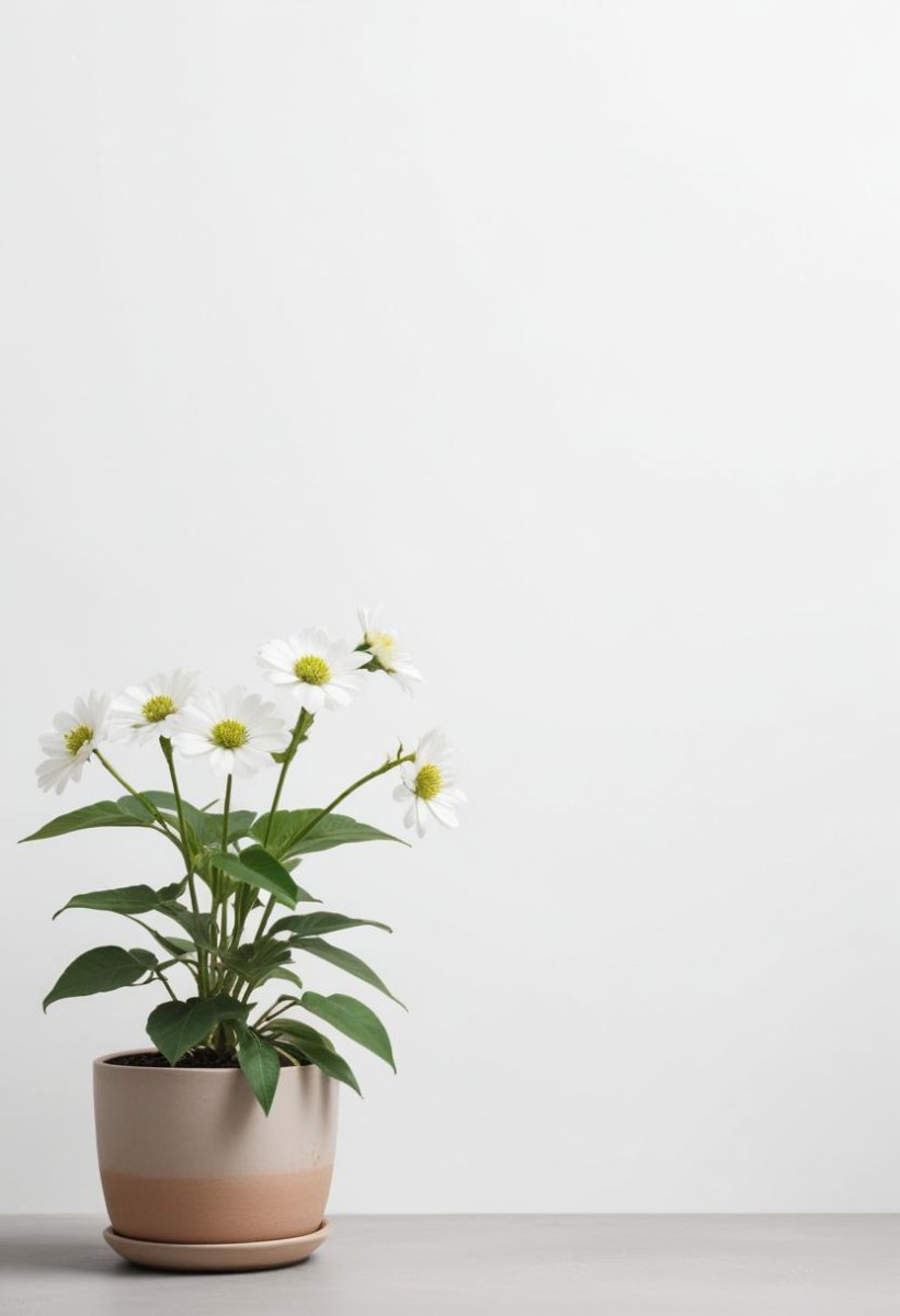 A Bouquet Of White Daisy Like Flowers With Green Leaves In A White Vase On A Plain Background 9 8254