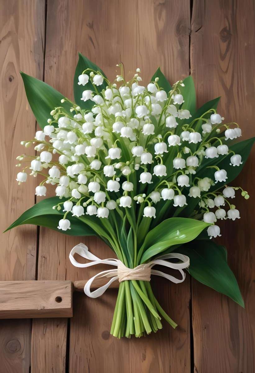 A Bouquet Of White Lily Of The Valley Flowers With Green Leaves Arranged In A Rustic Style On A Wooden Surface 51 Ca79