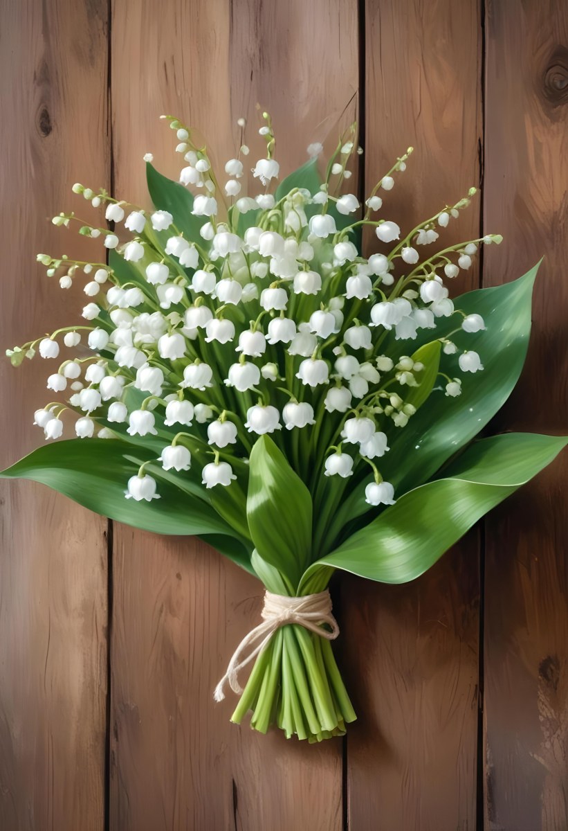 A Bouquet Of White Lily Of The Valley Flowers With Green Leaves Arranged In A Rustic Style On A Wooden Surface 7 7599