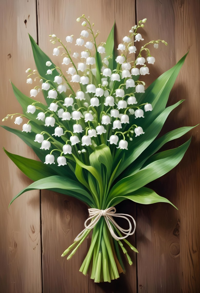 A Bouquet Of White Lily Of The Valley Flowers With Green Leaves Arranged In A Rustic Style On A Wooden Surface 8 1905
