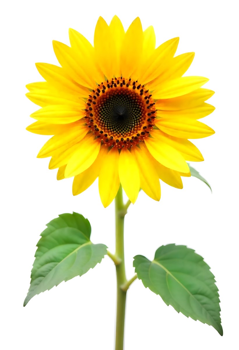 A Bright Yellow Sunflower With Green Leaves Against A White Background 7 Ad4c