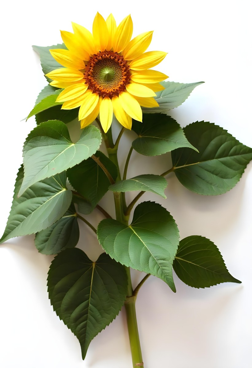 A Bright Yellow Sunflower With Green Leaves Against A White Background 8 7489