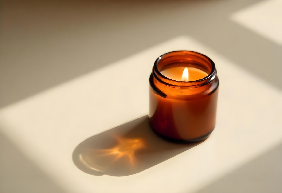 A Brown Glass Jar Candle With A Flickering Flame Casting Soft Shadows On A Neutral Surface Minimalist Aesthetic Warm Lighting Simple Composition Cozy Atmosphere 28 3547