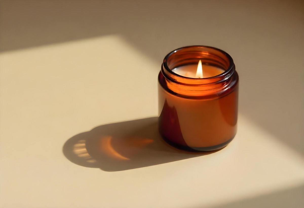 A Brown Glass Jar Candle With A Flickering Flame Casting Soft Shadows On A Neutral Surface Minimalist Aesthetic Warm Lighting Simple Composition Cozy Atmosphere 29 5261