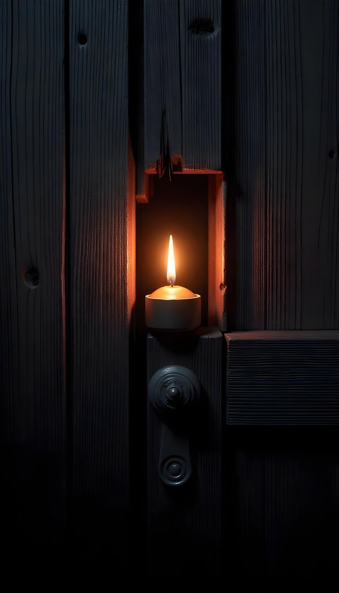 A Candle With A Bright Flame Set Against A Bright Background Wooden Planks With A Hole Casting A Warm Glow Creating A Sense Of Hope 10 8c55