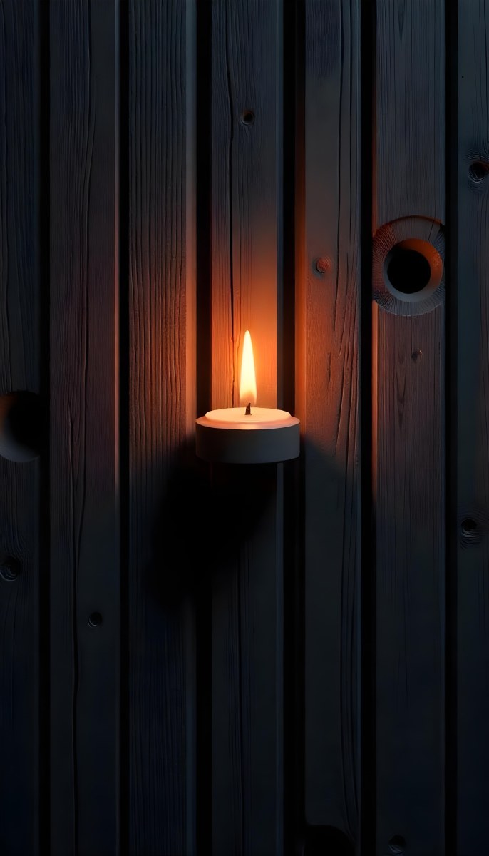 A Candle With A Bright Flame Set Against A Bright Background Wooden Planks With A Hole Casting A Warm Glow Creating A Sense Of Hope 11 F302
