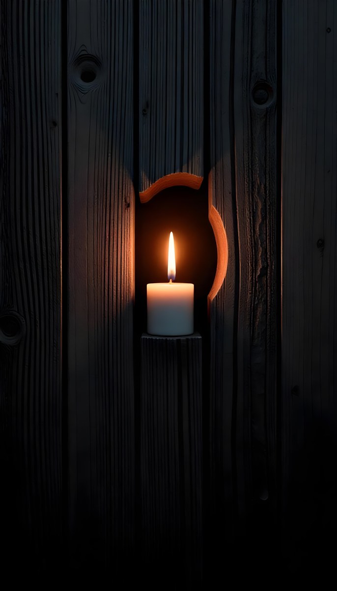 A Candle With A Bright Flame Set Against A Bright Background Wooden Planks With A Hole Casting A Warm Glow Creating A Sense Of Hope 14 0e66