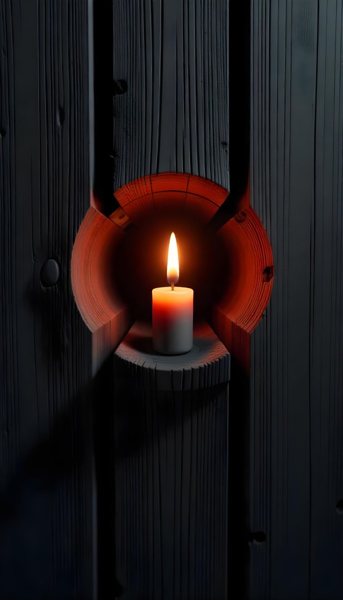 A Candle With A Bright Flame Set Against A Bright Background Wooden Planks With A Hole Casting A Warm Glow Creating A Sense Of Hope 2 012e