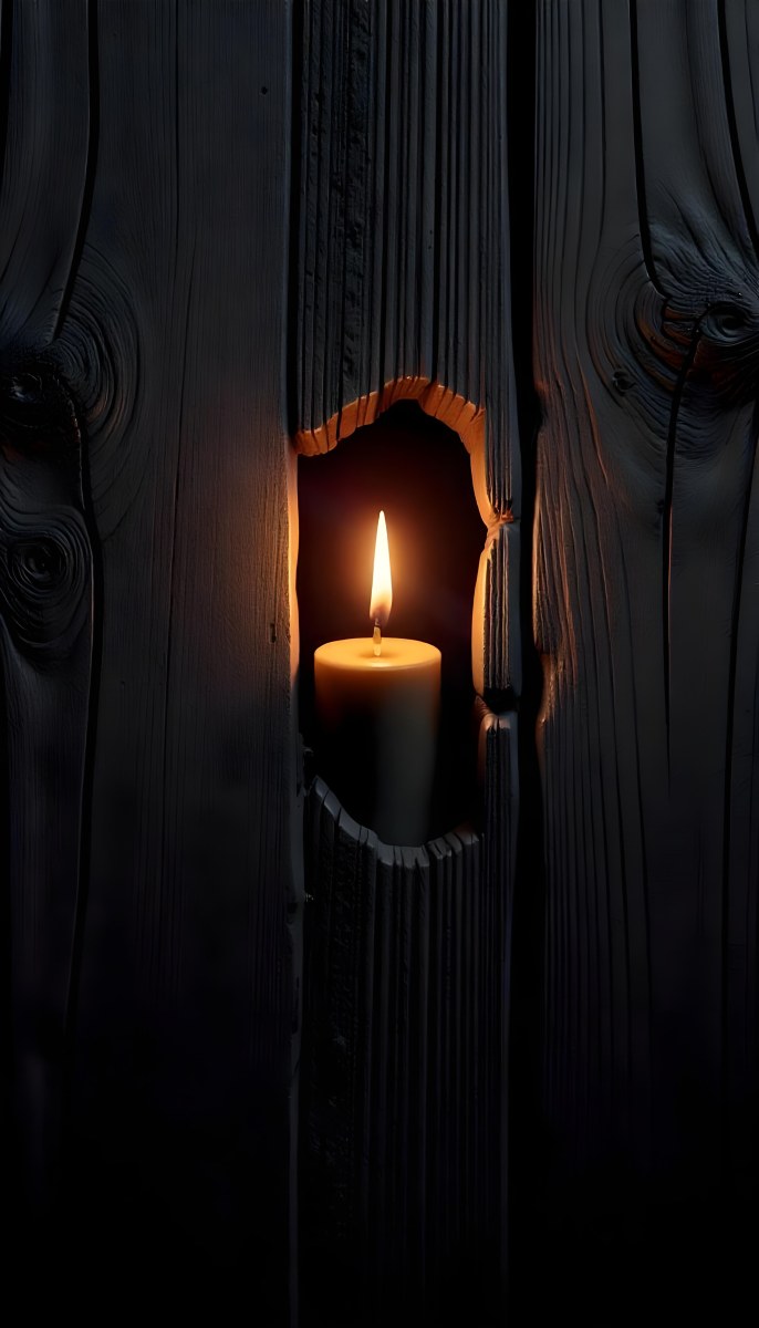 A Candle With A Bright Flame Set Against A Bright Background Wooden Planks With A Hole Casting A Warm Glow Creating A Sense Of Hope 20 4eef