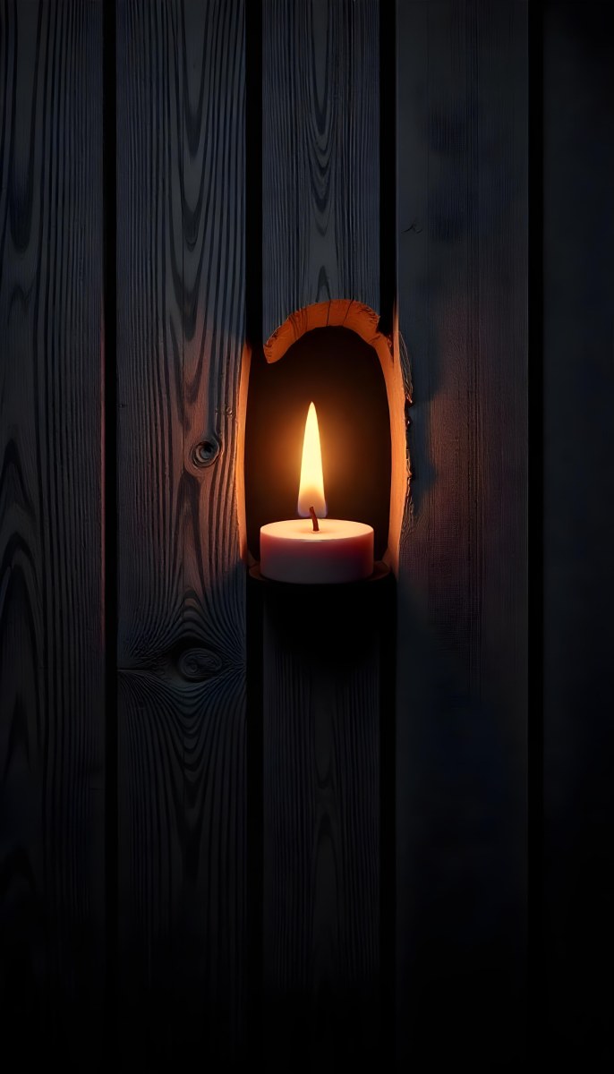A Candle With A Bright Flame Set Against A Bright Background Wooden Planks With A Hole Casting A Warm Glow Creating A Sense Of Hope 23 D0a4